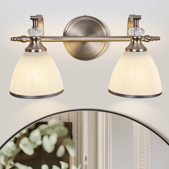 Brushed Nickel Vanity Light, 2-Light Bathroom Light Fixtures with Milky White Bell-Shape Glass Shades, Eye-Friendly Bathroom Wall Lamp for Mirror, Kitchen, Bedroom, Hallway