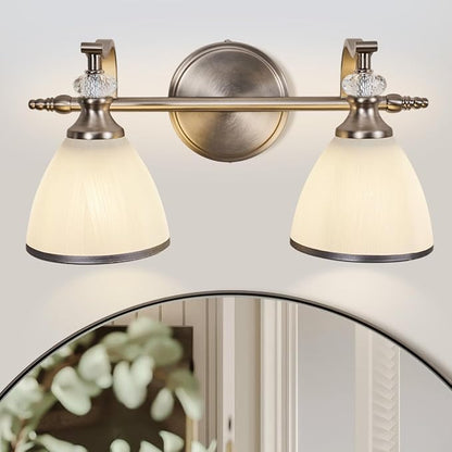Brushed Nickel Vanity Light, 2-Light Bathroom Light Fixtures with Milky White Bell-Shape Glass Shades, Eye-Friendly Bathroom Wall Lamp for Mirror, Kitchen, Bedroom, Hallway