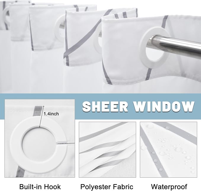 No Hook Shower Curtain with Snap-in Liner, Gray White, 71 x 80 Inch | Stripe Pattern,Waterproof,Quick Dry,Mesh Top Window,Bottom Magnets,Hotel Style,Machine Washable,Modern,for Bathroom