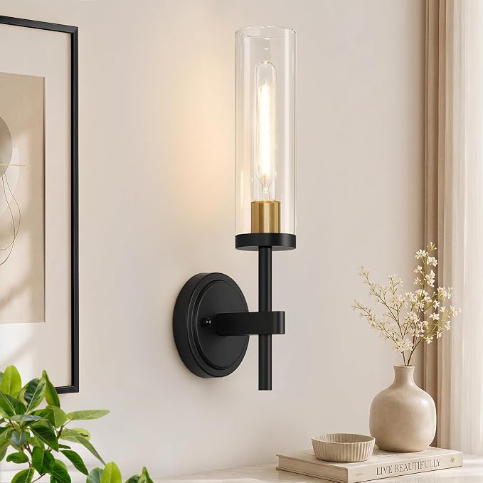 MOKATNG Hardwired Wall Sconces, Black and Gold Bathroom Sconces with Clear Glass, Modern Wall Light Fixtures for Bathroom Mirror Vanity, Living Room, Bedroom, Hallway, Stairway, Cabinet, Foyer