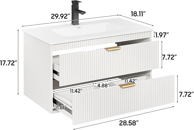 Vabches 30 Inch Bathroom Vanity with Sink, Wood Grain Wall Mounted Vanity with 2 Storage Darwers, Floating Bathroom Vanity with Storage, Bathroom Floating Vanity with Sink, Faucet, Drain, White