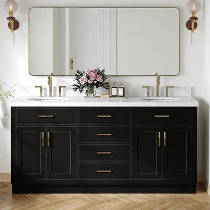 ARIEL Hepburn 72-inch Bathroom Vanity with Sink,Solid Wood, 1.5-inch Italian Carrara Marble Countertop & Backsplash, Double Oval Porcelain Sink, 4 Soft Closing Doors, 6 Dovetail Drawers, Black