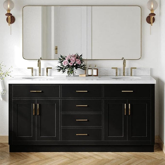 ARIEL Hepburn 72-inch Bathroom Vanity with Sink,Solid Wood, 1.5-inch Italian Carrara Marble Countertop & Backsplash, Double Oval Porcelain Sink, 4 Soft Closing Doors, 6 Dovetail Drawers, Black