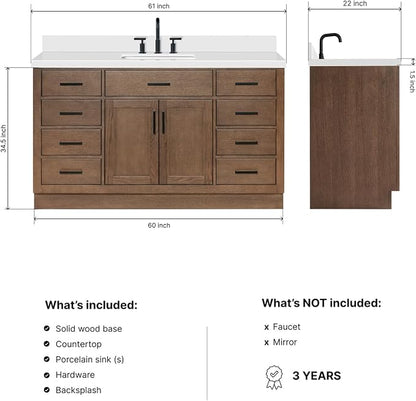 ARIEL Hepburn 60-inch Bathroom Vanity with Sink,Solid Wood, 1.5-inch Pure White Quartz Countertop, Single Rectangular Porcelain Sink, 2 Soft Closing Doors, 9 Dovetail Drawers, Brown Oak