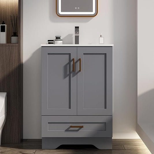 24 inch Bathroom Vanity with Sink, Modern Grey Vanity for Bathroom with Undermount Ceramic Sink, Freestanding 2-Door & 1-Drawer Storage Cabinet, for Small Bathroom Space, (Grey, 24")