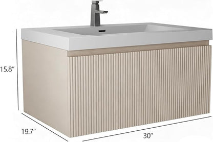 30 Inch Floating Bathroom Vanity with Sink, Wall-Mounted Striped Storage Cabinet with Soft-Close Drawer, Glossy White Solid Surface Basin, Fully Assembled, Natural Oak Finish