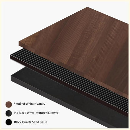 48'' Floating Bathroom Vanity with Sink, Wall-Mounted Bathroom Storage Cabinet with Soft-Close Striped Drawer, Cabinet Door & Quartz Sand Basin, Smoked Walnut Body with Internal Handle, Black