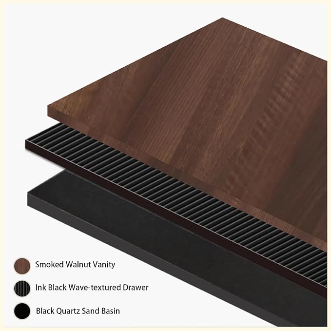 60'' Floating Bathroom Vanity with Sink, Wall-Mounted Bathroom Storage Cabinet with 2 Soft-Close Striped Drawers & Double Quartz Sand Basins, Smoked Walnut Body with Internal Handle, Black