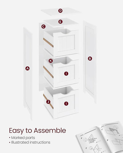 VASAGLE Floor Storage Cabinet, Freestanding Storage Unit with 3 Drawers, 11.8 x 12.6 x 31.9 Inches, for Bathroom, Living Room, Kitchen, Modern Style, Matte White UBBC050WH01S