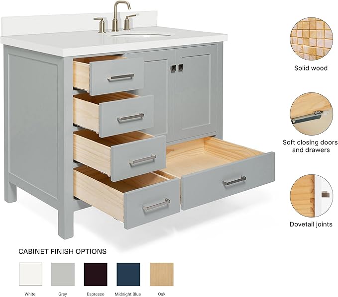 ARIEL Cambridge 42-inch Bathroom Vanity with Sink,Solid Wood, 1.5-inch Pure White Quartz Countertop & Backsplash, Single Oval Porcelain Sink, 2 Soft Closing Doors, 5 Dovetail Drawers, Grey