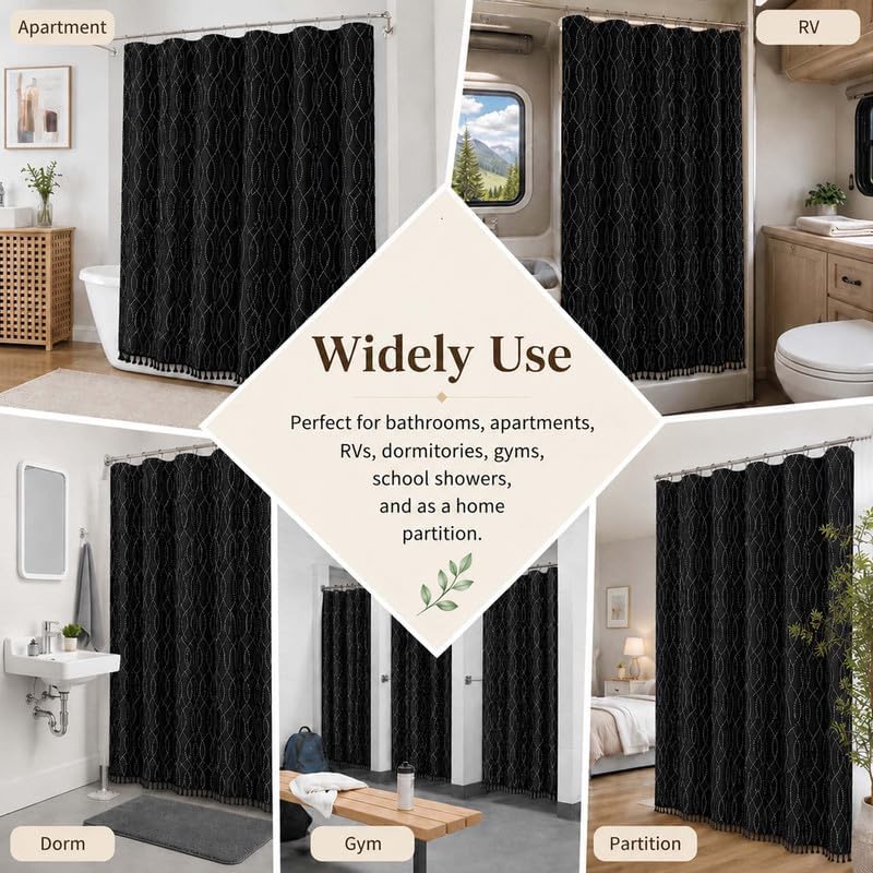 OVZME Black Shower Curtain for Bathroom, Puff Printed Textured Shower Curtain with Tassels, Rustic Geometry Heavy Duty Vintage Country Bathroom Curtain, Water Resistant Fabric, 72Wx72L Inches
