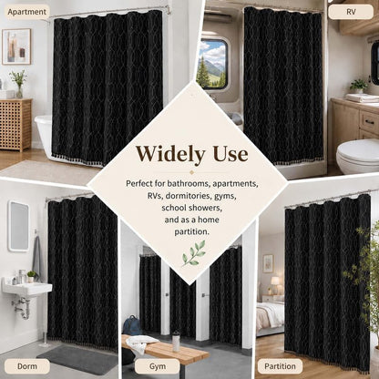 OVZME Black Shower Curtain for Bathroom, Puff Printed Textured Shower Curtain with Tassels, Rustic Geometry Heavy Duty Vintage Country Bathroom Curtain, Water Resistant Fabric, 72Wx72L Inches
