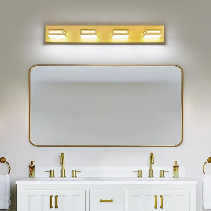 LED Modern Bathroom Light Fixtures, 4-Light 30-Inch Gold Vanity Lights for Bathroom Lighting Fixtures Over Mirror, 350° Rotatable Acrylic, 6000K Cool White Wall Lamp