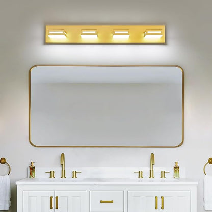 LED Modern Bathroom Light Fixtures, 4-Light 30-Inch Gold Vanity Lights for Bathroom Lighting Fixtures Over Mirror, 350° Rotatable Acrylic, 6000K Cool White Wall Lamp