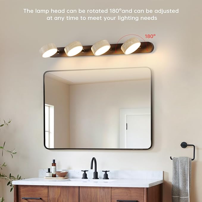 Wood Farmhouse Bathroom Vanity Light,Natural Stone Travertines Walnut Wall Lamp 4 Lights Travertine Shade Wabi Sabi Lamp, Linear Bathroom Vanity Lighting Rotatable 40W LED Wall Fixture Over Mirror