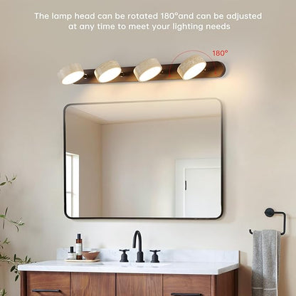 Wood Farmhouse Bathroom Vanity Light,Natural Stone Travertines Walnut Wall Lamp 4 Lights Travertine Shade Wabi Sabi Lamp, Linear Bathroom Vanity Lighting Rotatable 40W LED Wall Fixture Over Mirror