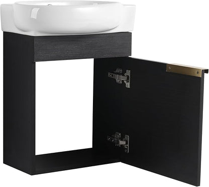 17'' Wall Mounted Bathroom Vanity Sink Combo for Small Space, Modern Bathroom Vanity Set with Ceramic Sink Top, Hanging Garage Vanities Compact Floating Small Cabinet for Bath Room, Black
