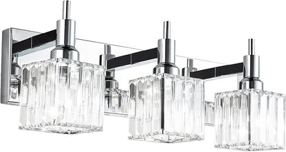 Modern Crystal Bathroom Vanity Light 3-Light Wall Light Fixtures Over Mirror Chrome Vanity Lighting for Bathroom Square Shade Wall Sconce