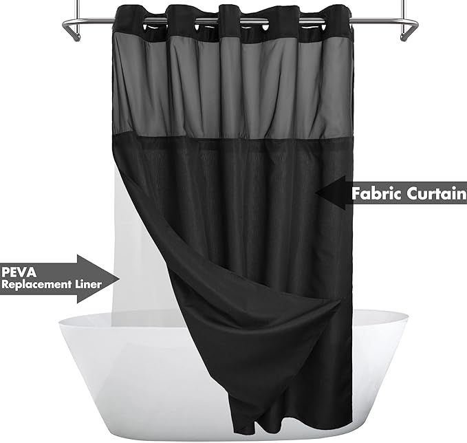 River Dream Long No Hook Slub Textured Shower Curtain with Snap-in PEVA Liner Set - 71" x 80"(78"), Hotel Style with See Through Top Window, Black Fabric Curtain & Waterproof Liner, Black, 71x80