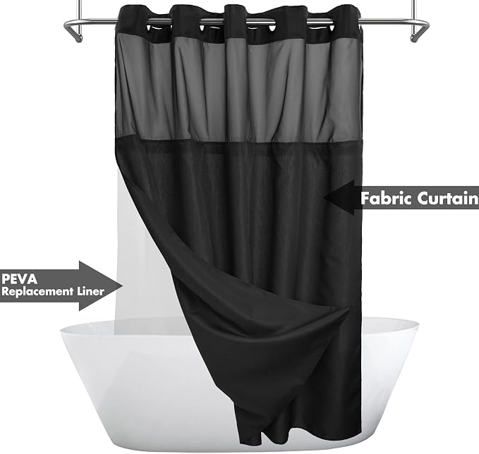 Extra Long No Hook Slub Textured Shower Curtain with Snap-in PEVA Liner Set - 71" x 98"(96"), Hotel Style with See Through Top Window, Black Fabric Curtain & Waterproof Liner, Black, 71x98 | 71W x 98H, Snap on/off Waterproof PEVA Liner, See Through Top...