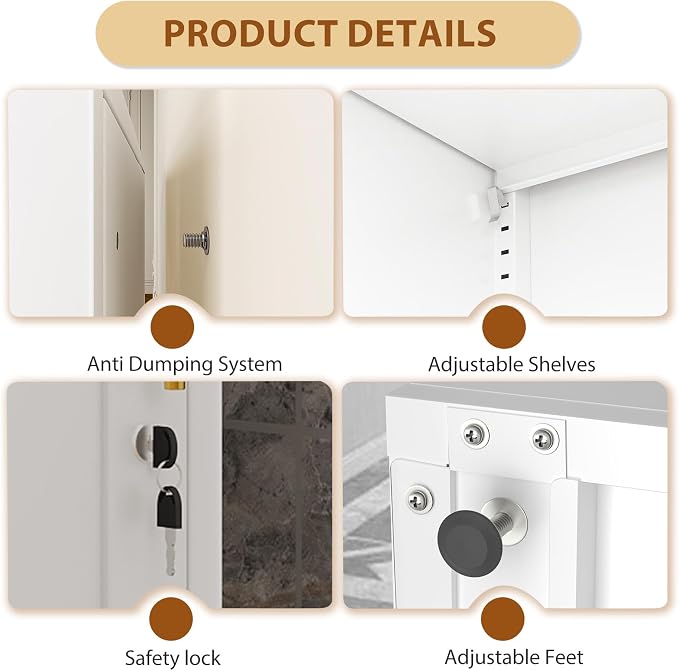 Tall Metal Narrow Bathroom Storage Locker Cabinet 67" H, Tall White Pantry Cabinets with 4 Adjustable Shelves and 2 Lockable Doors for Kitchen, Home Office, Living Room, Dining Room