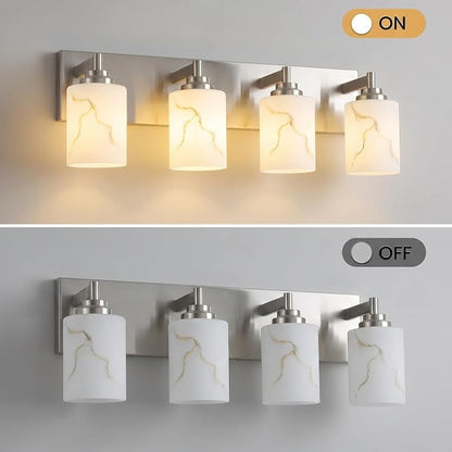 4-Light Bathroom Light Fixture, Brushed Nickel Modern Vanity Light with White Marble Glass Shade, for Bathroom Mirror, Living Room, Bedroom, Hallway, E26 Base, Extended Base