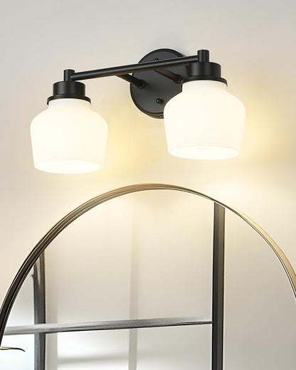 Emak 2-Light Vanity Light, Modern Farmhouse Black Bathroom Fixture Over Mirror With Milk Glass Shade, VL122-BK-ML-2