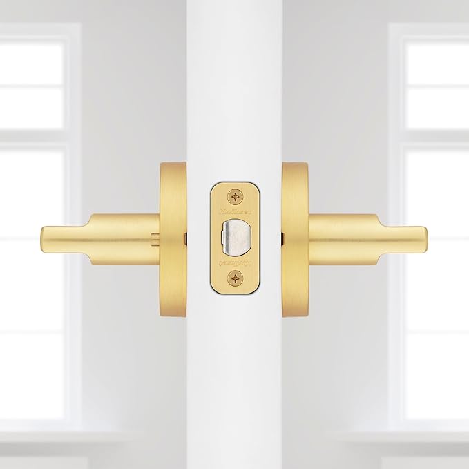 Kwikset Halifax Interior Privacy Door Handle with Lock, Door Lever for Bathroom and Bedroom, Satin Brass Reversible Keyless Push Button Lock Door Lever, with Microban Protection