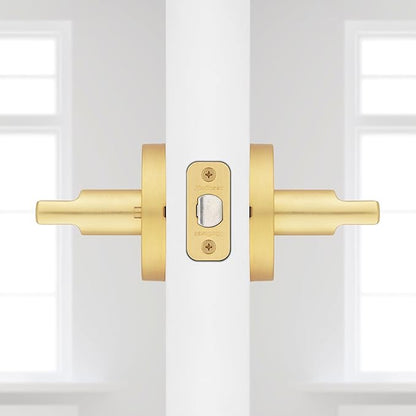 Kwikset Halifax Interior Privacy Door Handle with Lock, Door Lever for Bathroom and Bedroom, Satin Brass Reversible Keyless Push Button Lock Door Lever, with Microban Protection