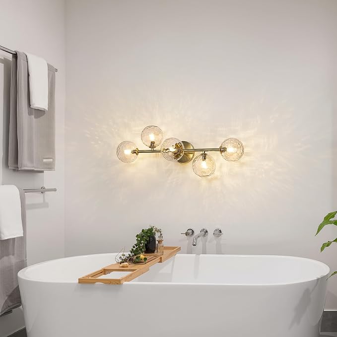 5 Lights Bathroom Vanity Light,Brushed Gold Globe Bathroom Light Fixtures | Hammered Clear Glass Wall Sconce Lighting,Mid Century Modern Brass Bubble Glass Bathroom Vanity Lights over Mirror,G9 Base