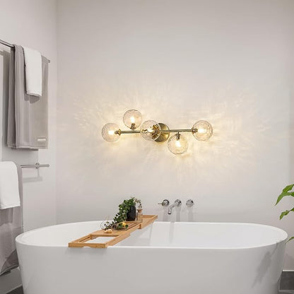 5 Lights Bathroom Vanity Light,Brushed Gold Globe Bathroom Light Fixtures | Hammered Clear Glass Wall Sconce Lighting,Mid Century Modern Brass Bubble Glass Bathroom Vanity Lights over Mirror,G9 Base