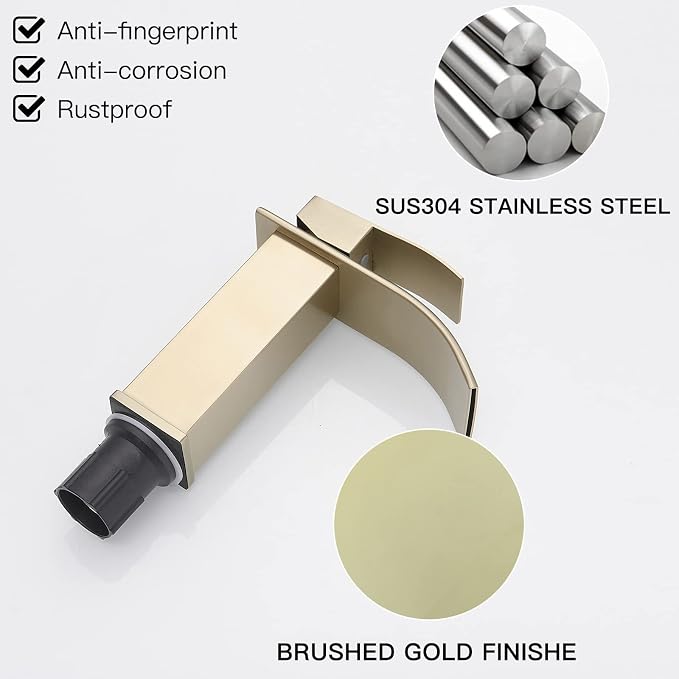 BWE Bathroom Vessel Faucet, Brushed Gold Waterfall Faucet with Pop-up Drain and Water Lines for Vanity Sink, Stainless Steel Construction