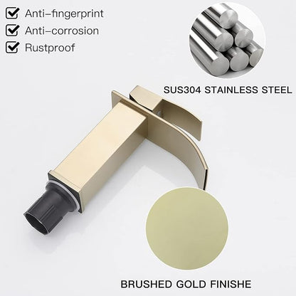 BWE Bathroom Vessel Faucet, Brushed Gold Waterfall Faucet with Pop-up Drain and Water Lines for Vanity Sink, Stainless Steel Construction