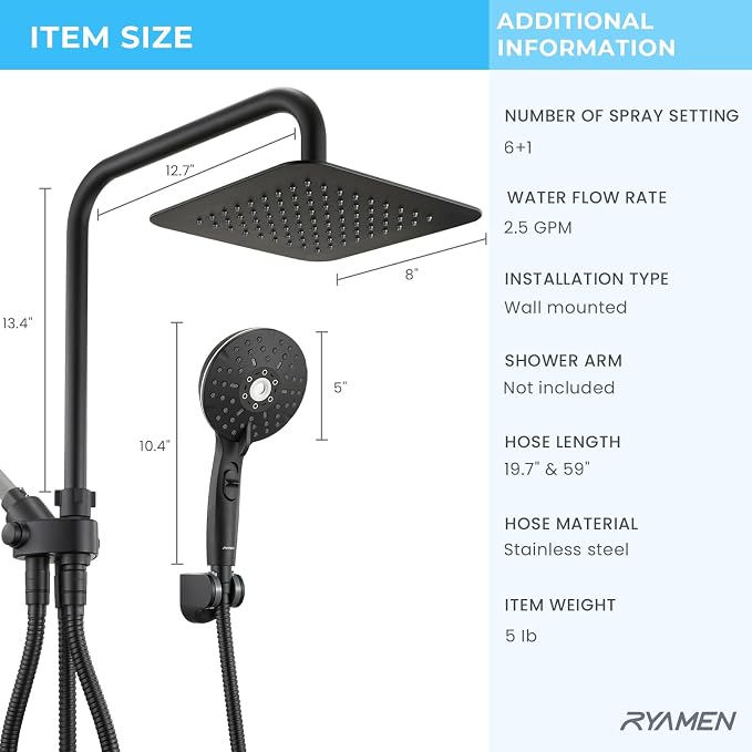 Dual Shower Head Combo, 8'' High Pressure Rain Shower Head with Handheld Spray, 6+1 Spray Settings Handheld Showerhead, Height Adjustable, One-touch Pause Button, Matte Black