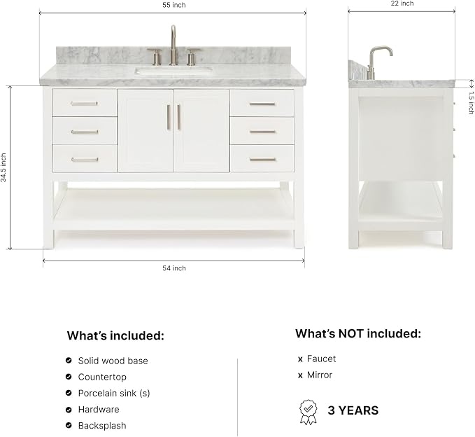 DKB Olivia 54-Inch White Bathroom Vanity with Sink, 1.5-Inch Edge Italian Carrara Marble Countertop & Backsplash, Rectangular Undermount Sink, 2 Soft Closing Doors, 6 Dovetail Drawers, Brushed Nickel