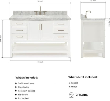 DKB Olivia 54-Inch White Bathroom Vanity with Sink, 1.5-Inch Edge Italian Carrara Marble Countertop & Backsplash, Rectangular Undermount Sink, 2 Soft Closing Doors, 6 Dovetail Drawers, Brushed Nickel
