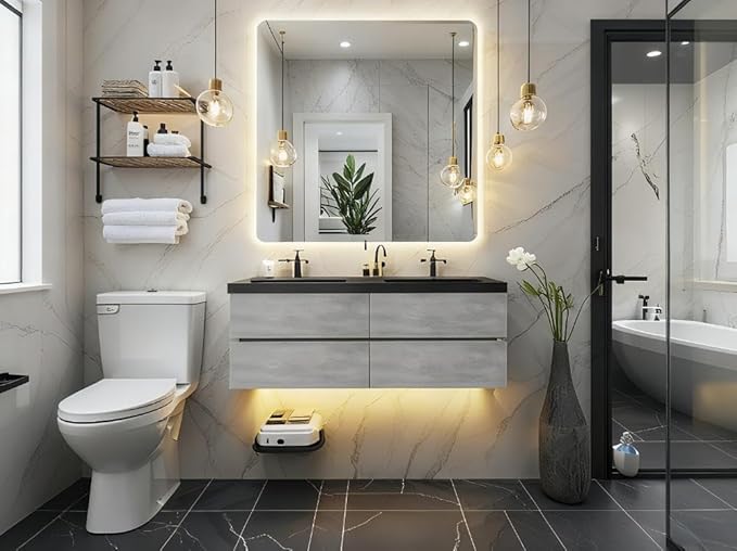 60" Floating Bathroom Vanity with Sink Combo, Pre-Assembled Wall Mounted Bathroom Cabinet with Double Integrated Sink, Soft-Closed 2 Drawers, Dark Birch