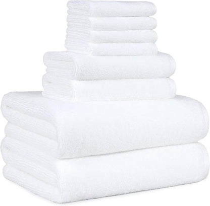 Amazon Basics 100% Cotton Soft Quick-Dry 8-Piece Towel Set, Bath Towels, Hand Towels, Washcloths, White, Compact & Lightweight (Pack of 6)