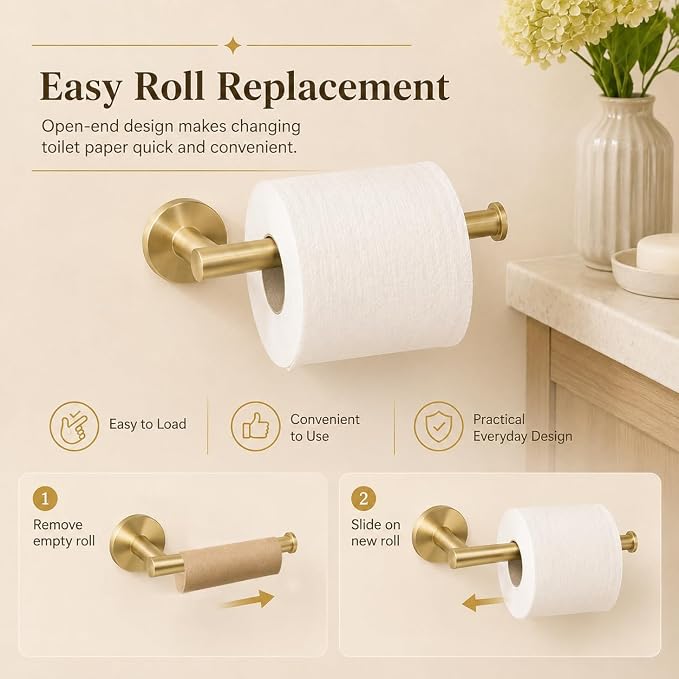 Toilet Paper Holder Towel Ring Brushed Gold Bathroom Hardware Hand Towel Holder Bathroom Accessories Set Wall Mount Stainless Steel 2 Pieces