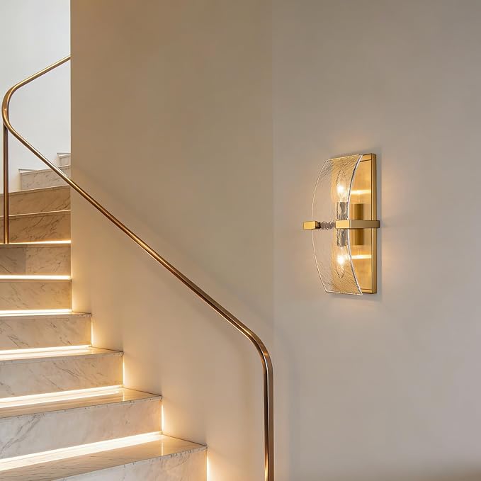 2-Light Modern Gold Wall Sconce with Water Rippled Glass Shades | 13 Inch Hardwired Indoor Wall Light with Gold Finish for Hallway, Living Room, Bedroom, Kitchen