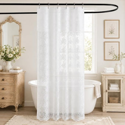 TUDECO White Lace Stall Shower Curtain with Valance 36''W x 72''L | Half Size, for Narrow RV Bathroom, French Country, Floral Pattern, Sheer, Reinforced Holes, Machine Washable