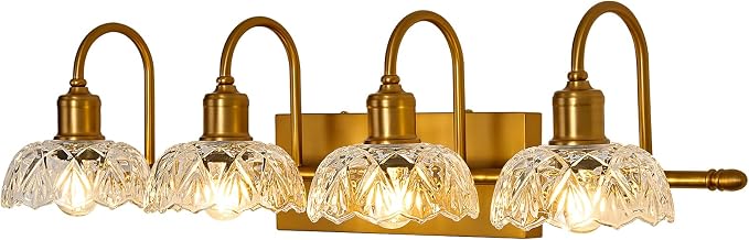 UOFUS 4-Light Gold Vanity Light Vintage Bathroom Lighting Fixtures | Over Mirror with Clear Glass Shade