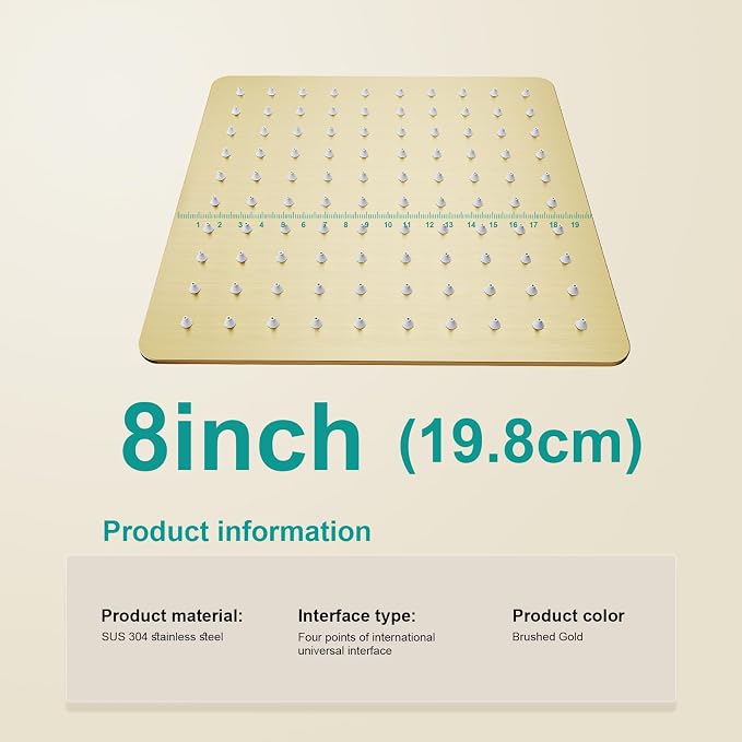 Square Rain Shower Head, High Flow Stainless Steel,Work with any decorative style，All Metal Rainfall Shower Head (Brushed Gold, 8)