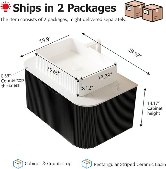 30'' Floating Bathroom Vanity with Sink, Solid Wood Modern Bathroom Vanities with Rectangular Ceramic Basin and Marble Top, Soft-Close Design, Large Storage Drawer, Pre-Assembled Cabinet, Gloss Black
