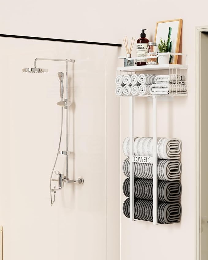 Aetyord Towel Racks for Bathroom 31inch Wall Mounted Towel Rack,Floating Shelf with Wood Plank,Towel Storage for Bathroom Can Holds 6 Large Rolled Towels,All White