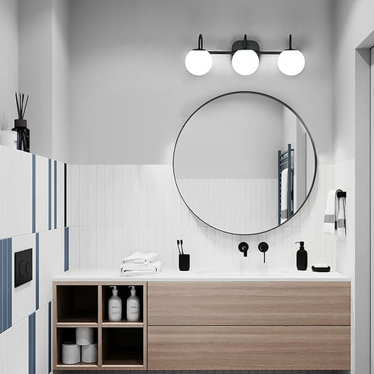 Modern Black Bathroom Vanity Light Fixtures 3 Lights Frame and Milk White Glass Globe Shade Modern Wall Sconce Lighting Bath Vanity Lights Bar Over Mirror (Exclude G9 Bulb)