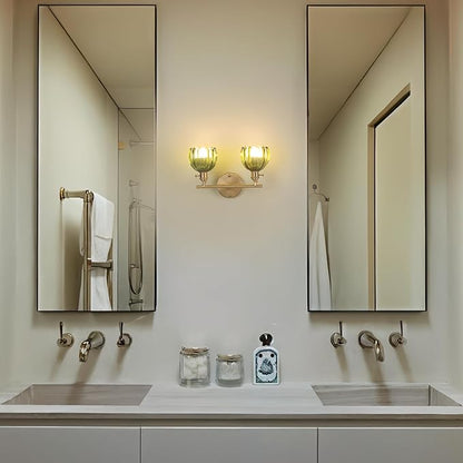 Battery Operated Bathroom Light Fixtures, 2-Light Brass Vanity wall Light with 5000mAh Rechargeable Bulb Over Mirror with Green Tulip Glass Shade for Bedroom Living Room