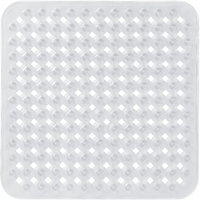 Yimobra Square Shower Mat Non Slip, Super Strong Suction Cups, 21"X21" Bath Tub Mat with Drain Holes, Machine Washable Fast Draining Bath Mats, Bathroom Essentials,Clear