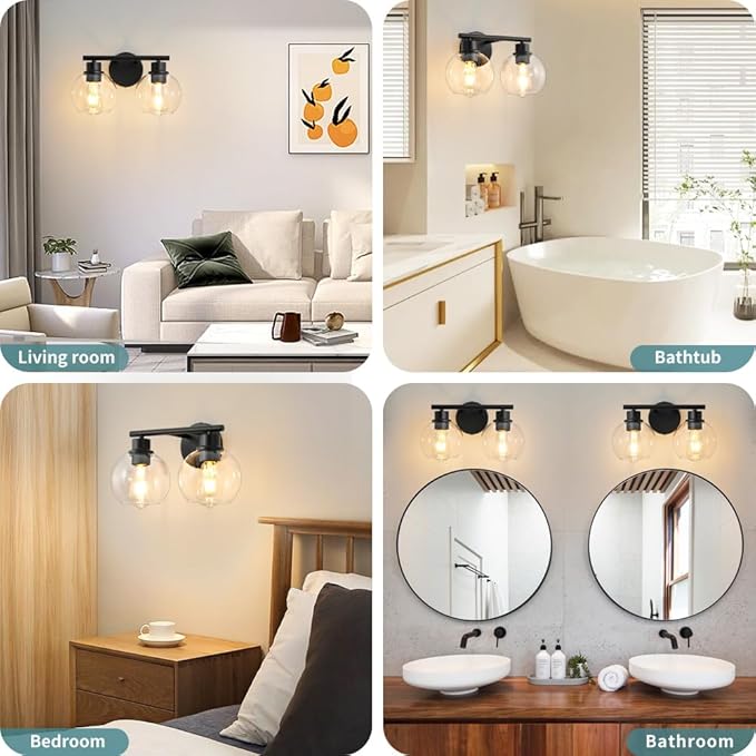 Bathroom Light Fixtures Over Mirror 2-Lights Bathroom Vanity Light with Clear Glass Shade 13.8 inch Modern Wall Sconce Black Vanity Lighting for Bath