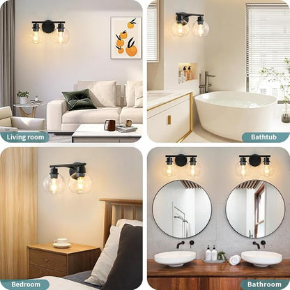 Bathroom Light Fixtures Over Mirror 2-Lights Bathroom Vanity Light with Clear Glass Shade 13.8 inch Modern Wall Sconce Black Vanity Lighting for Bath